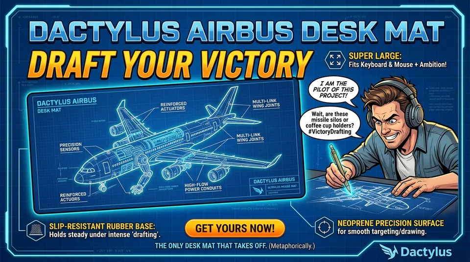Parody ad: Dactylus Airbus Desk Mat — Draft your victory
