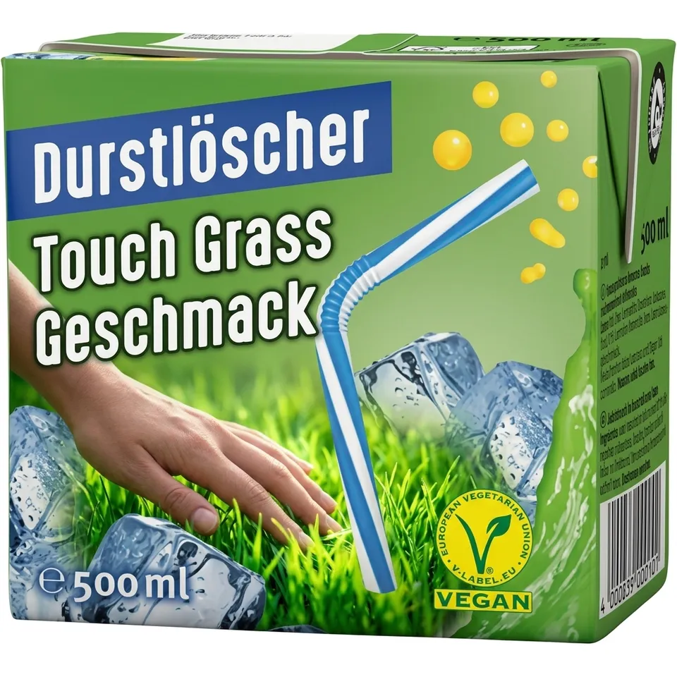 Parody ad: Durstlöscher Touch Grass — Meadow dew flavor