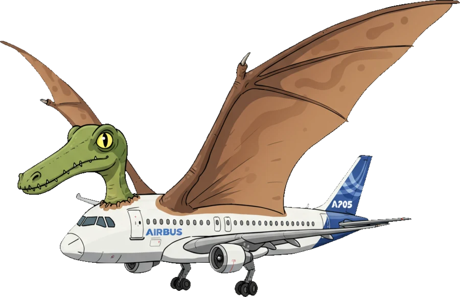 Dactylus Airbus official avatar — cartoon green pterodactyl passenger jet
